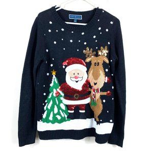 Black Ugly Christmas Sweater With Sequin Santa and Rudolph - Size Medium